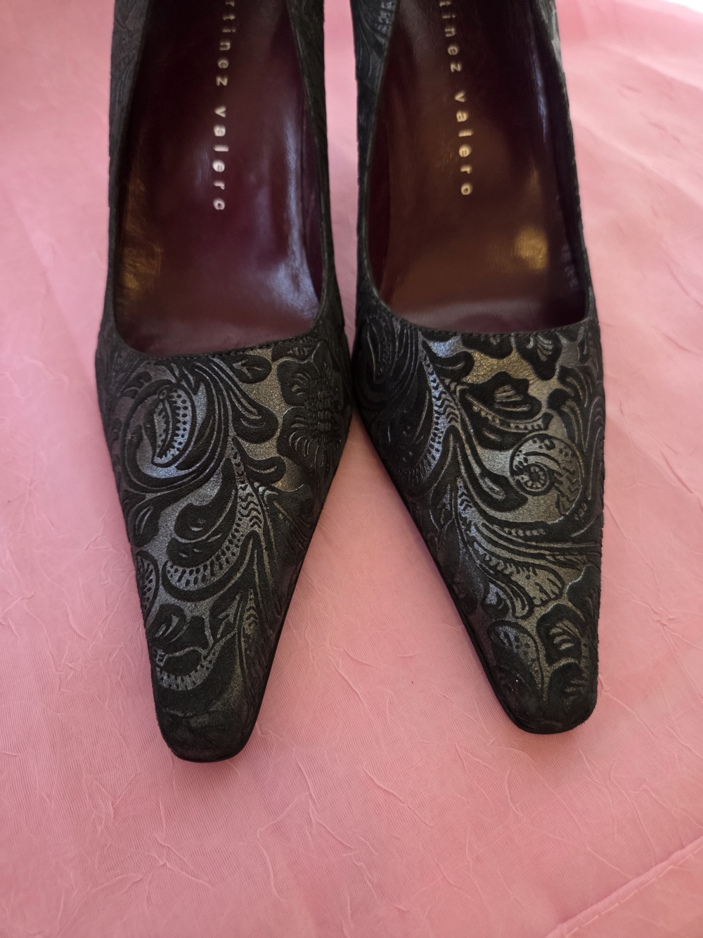 Martinez Valero Black & Grey Velvet Paisley Embossed Pumps Heels Made In Spain 9 - Picture 14 of 16